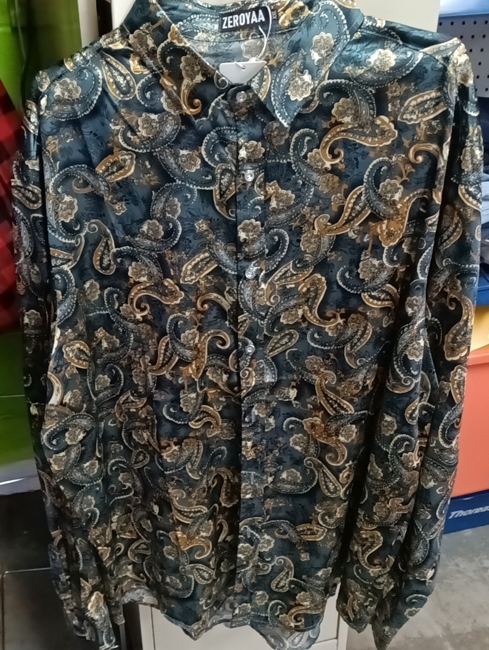 Zeroyaa Men's Paisley Button-Down Shirt in Navy and Gold